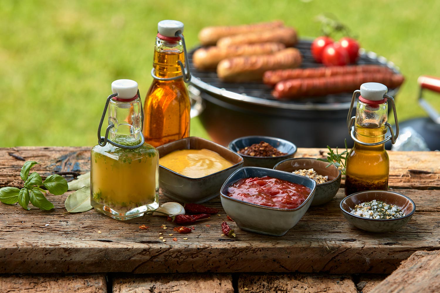 Grilltisch mit Saucen und Gewürzen