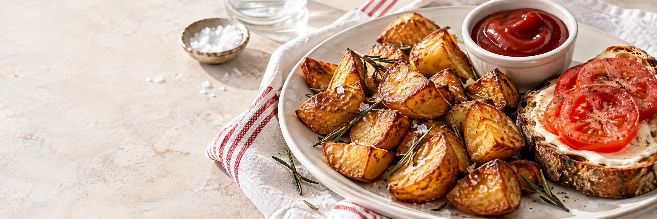 Servieridee mit knusprigen Kartoffeln, Tomatenbrot und würzigen Saucen