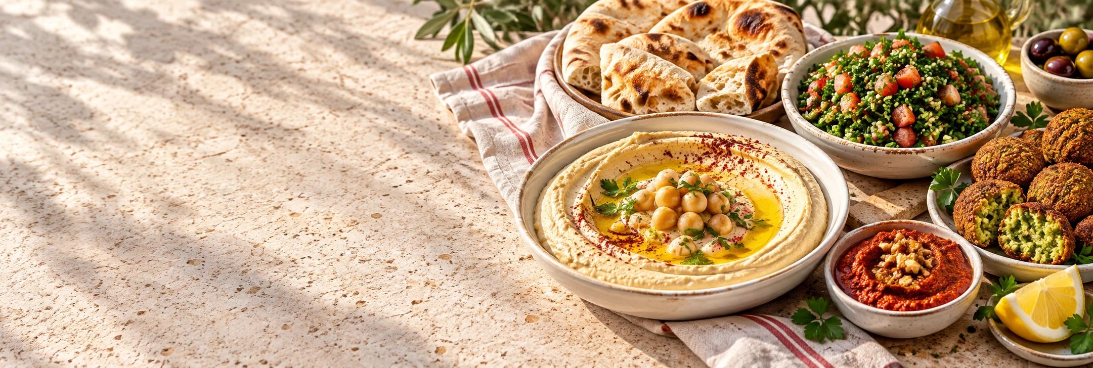 Levantinische Mezze mit Hummus, Falafel, Taboulé und frischem Fladenbrot