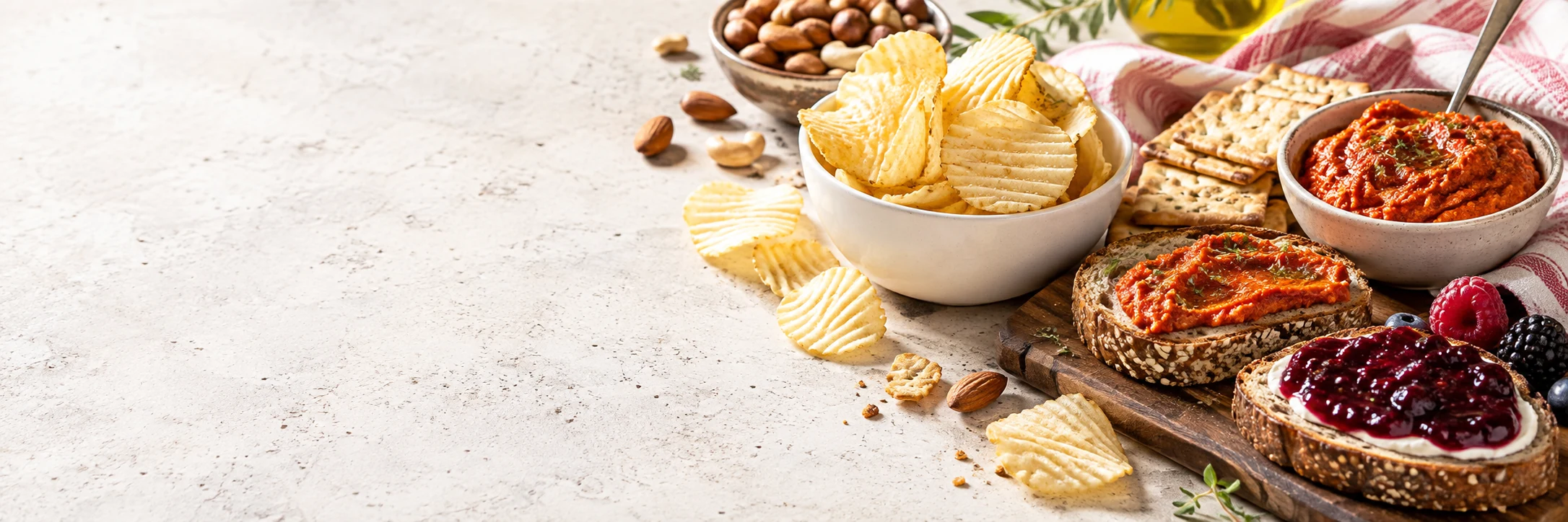 Knusprige Chips, Cracker, Nüsse und Brot mit herzhaften und süßen Aufstrichen