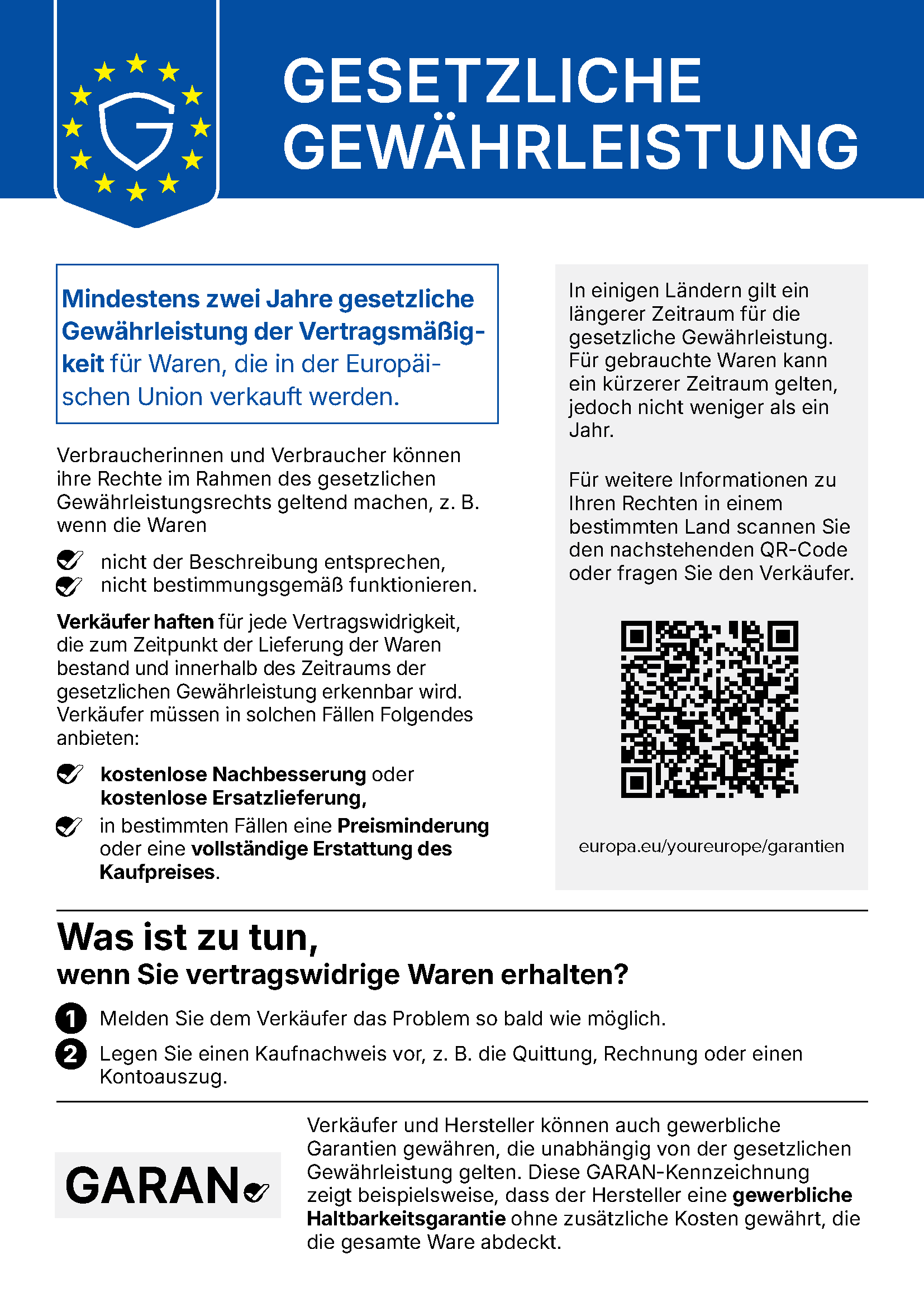Offizieller EU-Hinweis: Gesetzliche Gewährleistung. Bei bereits bei Lieferung bestehenden Mängeln gelten gesetzliche Rechte auf kostenlose Nachbesserung oder Ersatzlieferung und in bestimmten Fällen Preisminderung oder Erstattung. Weitere Informationen über diesen Link.