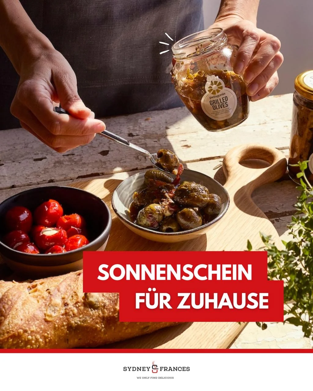 Pelagonia Grilled Olives werden zu Antipasti serviert. Sonnenschein für zuhause.