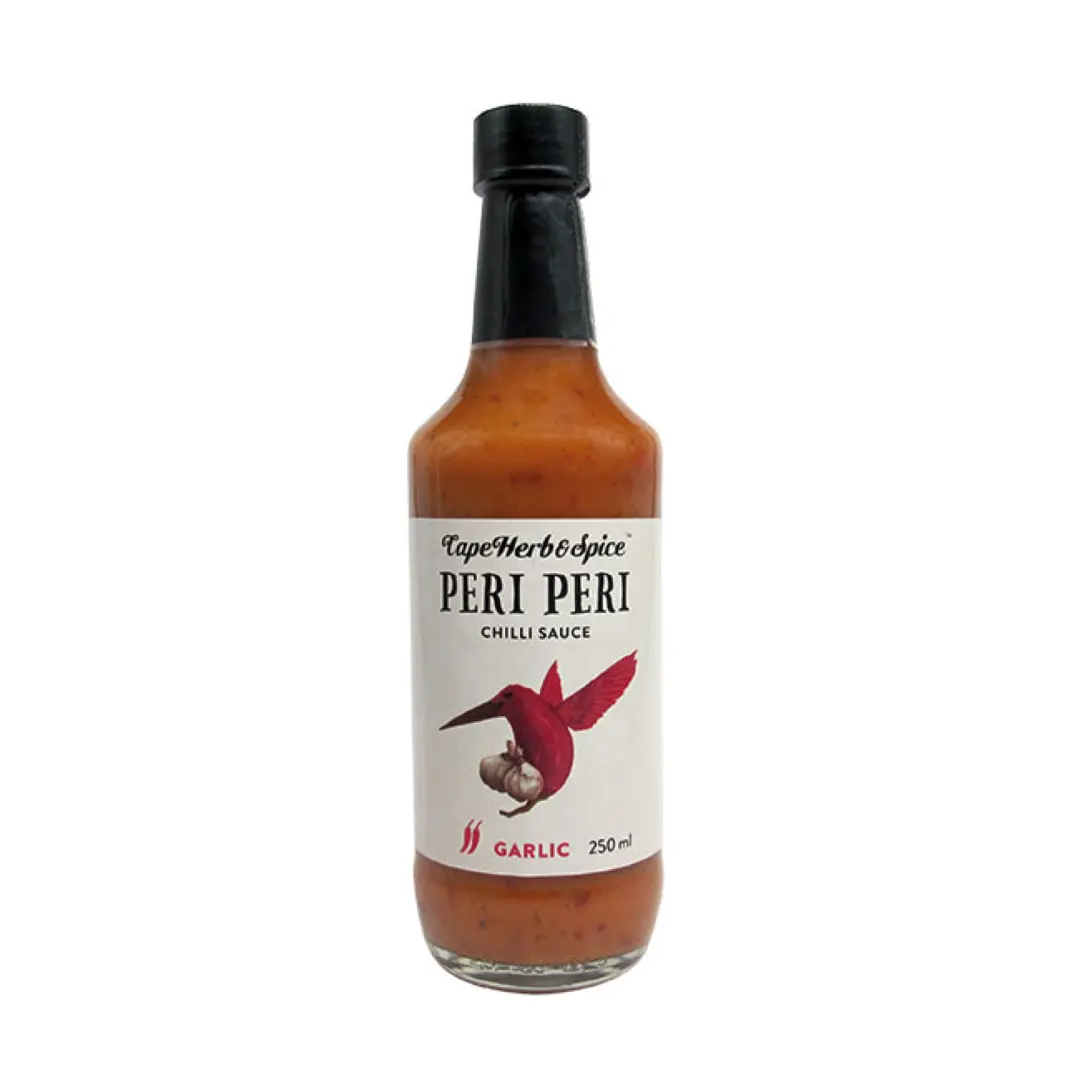 Würzig scharfe Peri Peri Sauce, Chilisauce mit Knoblauch, 250ml in der Flasche mit Schraubverschluss