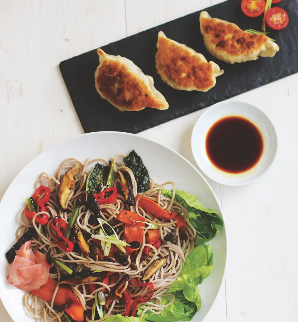 Clearspring Teriyaki Soba Noodles Dumplings gefüllte Teigtaschen, Dumplings, mit Tomaten, Noodles, Nudel Gemüse Salat, Soja Sauce zum Dippen