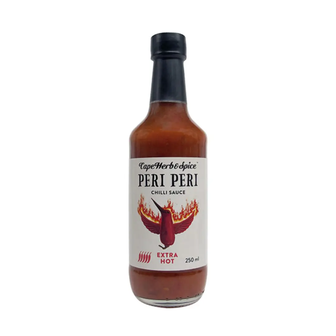 Sehr scharfe Peri Peri Sauce, feurig im Geschmack, 250ml in der Flasche mit Schraubverschluss